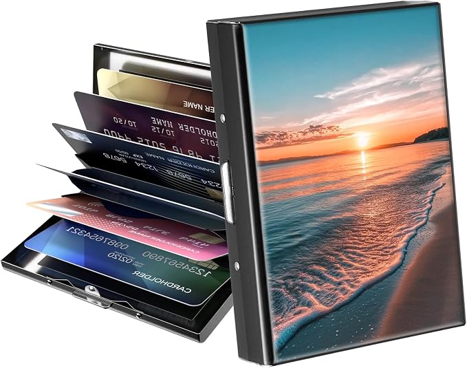 Metal Wallet,Credit Card Holder for Women Men,RFID Blocking Card Holder Wallet Mini Slim Aluminum Wallet ID Case Hard Card Case Business Card Holder Case,Sunsut Sea Beach