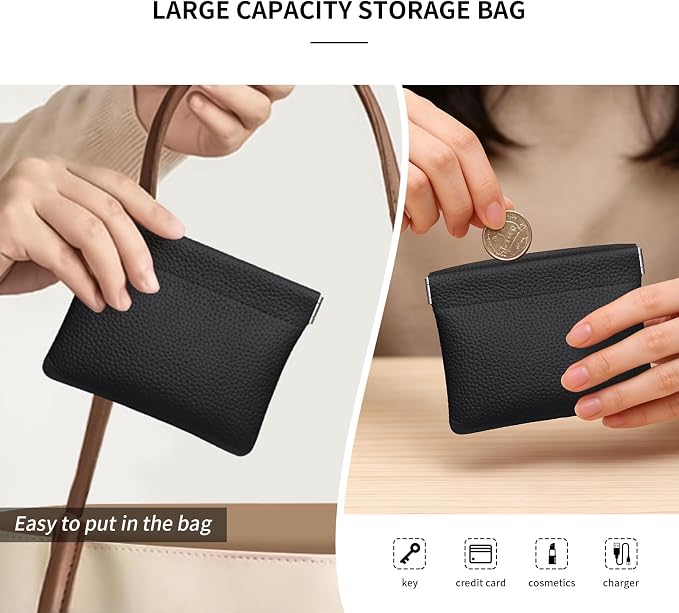 Genuine Leather Squeeze Coin Purse Pouch Change Holder For Men & Women Mini Change Purse Pouch for Pocket, Small Pouch Credit Card Key Headset Lipstick Holder (Black)