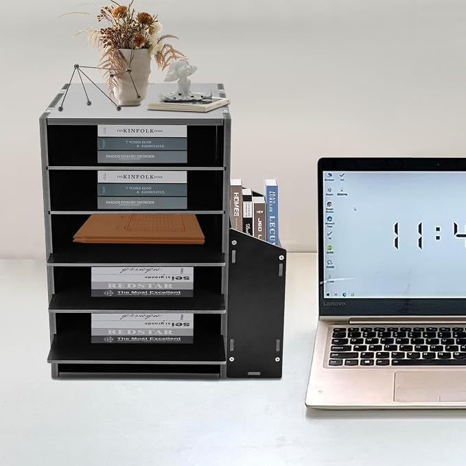 6-Tier File Organizer, 6 Slot Thick Board Desktop Mail Sorter w/Side Storage Cabinet, Adjustable Shelves File Sorter, Paper Organizer for Home School Office (Black, 6 Slot)