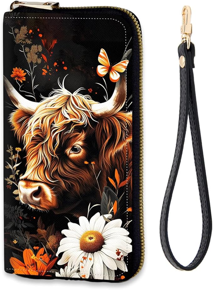Women's RFID Blocking Zip Around Wallet with Detachable Wrist Strap, Large Capacity Credit Card Holder Organizer for Everyday Use,Highland Cow Flowers Butterfly