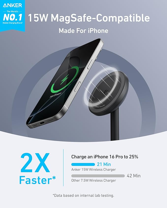 Anker MagGo iPhone 17 MagSafe Charger Compatible Stand, 15W Fast Magnetic Wireless Charging Station, Qi2 Certified 360° Wireless Charge (Black, with Cable & Adapter)