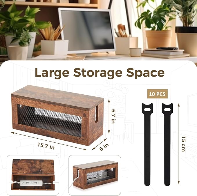 Chunful Extra Large Cable Management Box, 16'' Wood Cord Hider Organizer with Magnetic Lid & Organizer for Power Strip, TV Wires & Desk Cable Storage, Ventilation Hide Floor Cables (Rustic Brown)