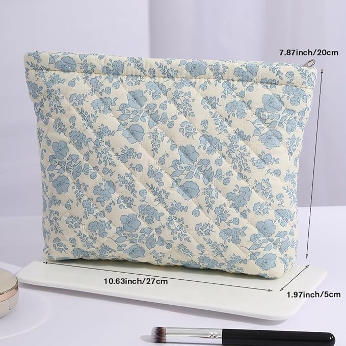 FITINI Makeup Bag Travel Large Portable Quilted Floral Print Cosmetic Organizer Cute Pouch for Women Soft Cotton Zipper Waterproof Toiletry Storage Bags
