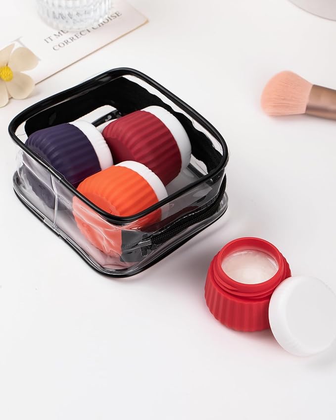 Mrsdry 4 Pack Travel Size Toiletries, TSA Approved Silicone Jars, Leak-Proof, Wide Opening, Portable with Clear Bag