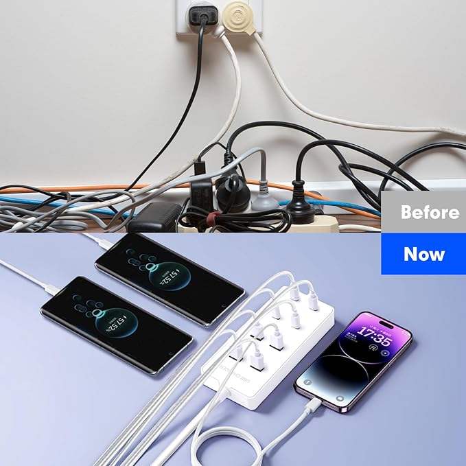 USB Wall Charger USB C Charging Station for Multiple Devices 8-Ports Charging Hub Strip Smart Charger Block Compatible with iPhone, Galaxy, iPad Tablet, and Other Devices