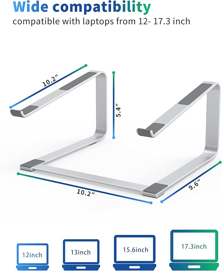 SOUNDANCE Laptop Stand for Desk, Ergonomic Metal Computer Riser for 12-17.3 Inch Laptops, Heavy Duty Stable Desktop Holder, Improves Eye Level & Workspace Organization, Silver