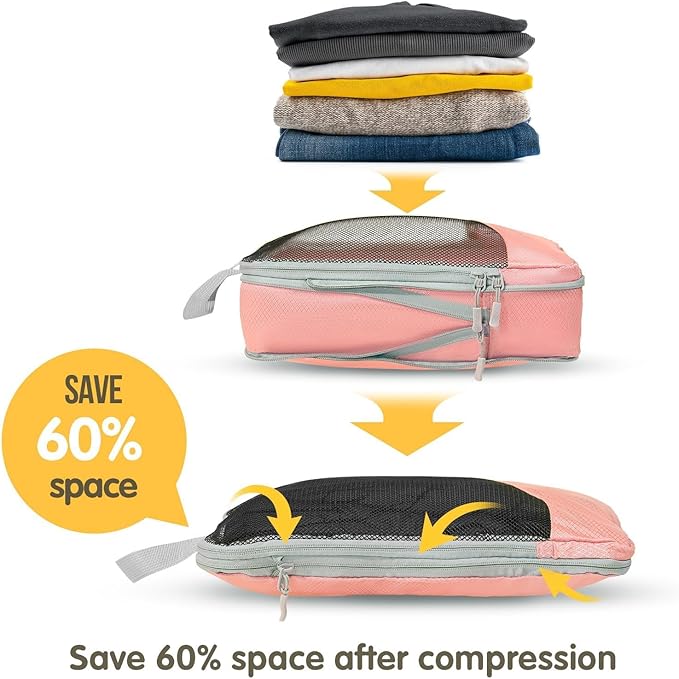 Compression Packing Cubes 8 Set, Dual Zipper Compression Packing Cubes for Travel, See-Through Mesh Packing Bags for Suitcases, Compression Travel Cubes with Shoe Bag (Pink)