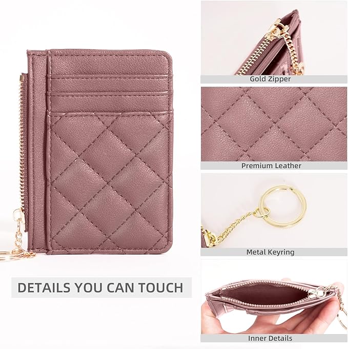 Credit Card Holder, Slim Keychain Wallet with Zipper Coin Pocket Front Small Pocket Wallet for Women, Pink