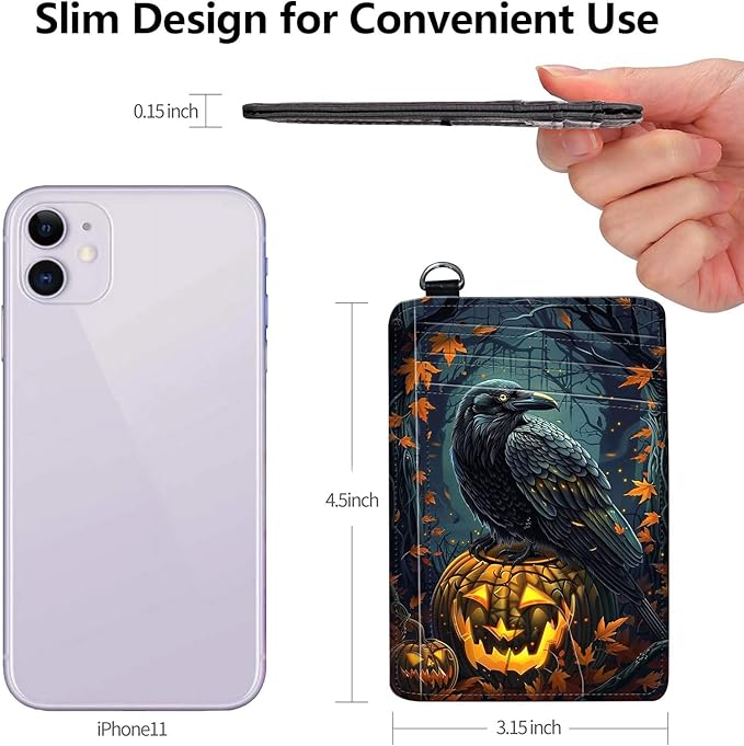 Slim RFID Blocking Card Holder Wallet with Wrist Strap - Minimalist Front Pocket Wallet, Crow Pumpkin Design, PU Leathe, for Men & Women, Ideal for Travel & Gifts