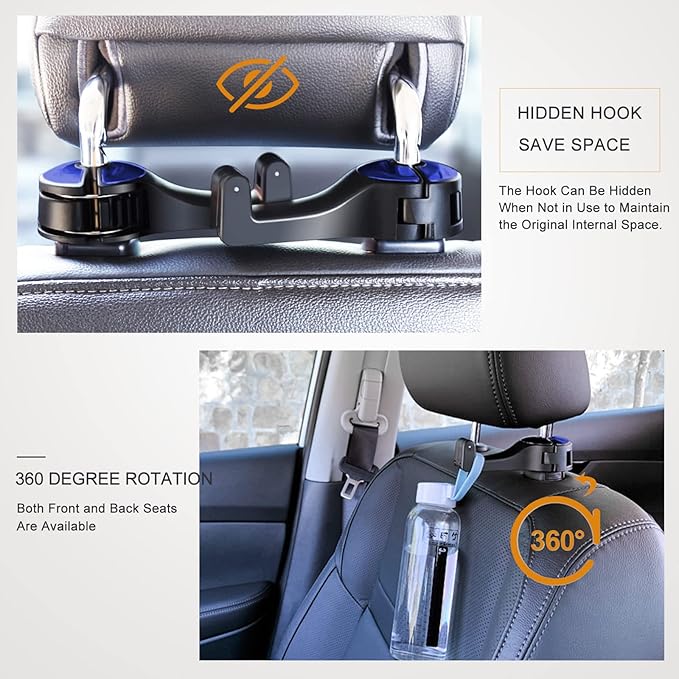 Car Headrest Hook with Phone Holder, Universal 360 Rotation Headrest Hooks for Purses and Bags (Blue)