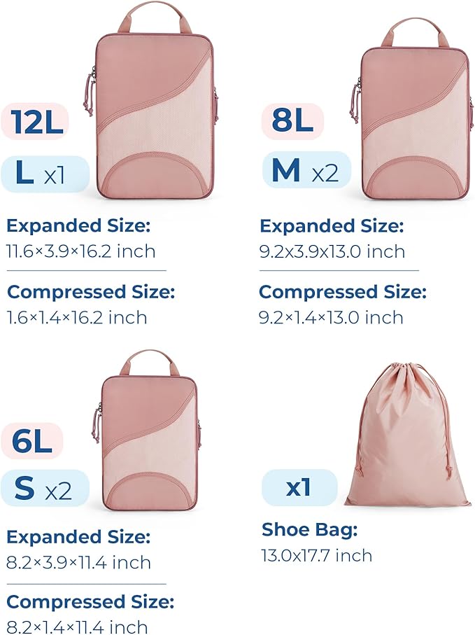 BAGSMART Compression Packing Cubes - 6 Set Travel Packing Cubes for Suitcases, Compression Suitcase Organizers with Shoe Bag