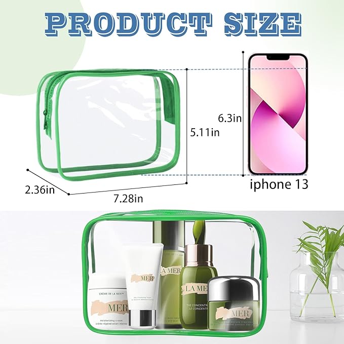YedsIntu 16 Pieces Clear Makeup Bag PVC Zippered Clear Toiletry Carry Pouch Portable Cosmetics Bag Waterproof Makeup Bag Vinyl Plastic Organizer Case for Travel Vacation Bathroom (Green-M)