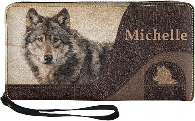 Bulopur Custom Name Wallet for Women Wolf Purse with Wristlet PU Leather Waterproof Ladies Purses Handbag Zip Around Coin Cash Clutch Card Organizers Gifts for Him