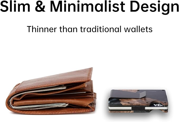 Slim Wallet for Men,RFID Blocking Minimalist Metal Wallet, Money Clip/Cash Holder, Front Pocket Aluminum Credit Card Holder, Ideal Gift for Men,Resin Black Wood