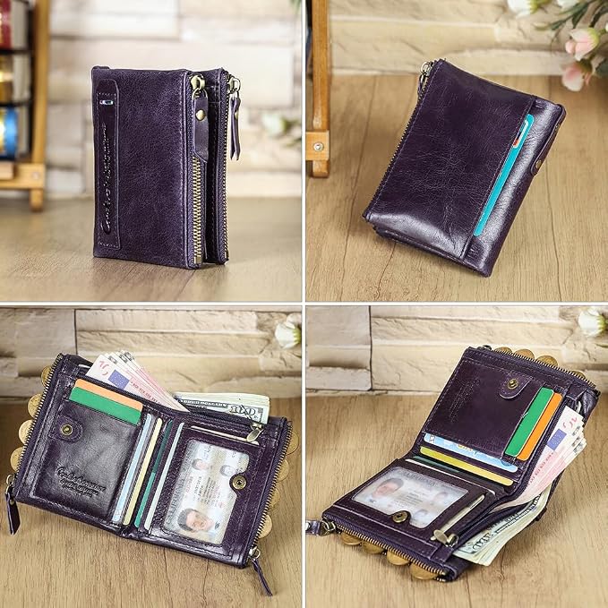 CONTACTS Soft Leather Wallet for Women Small Bifold Coin Purse Double Zipper Card Holder with RFID Blocking (Eggplant Purple)