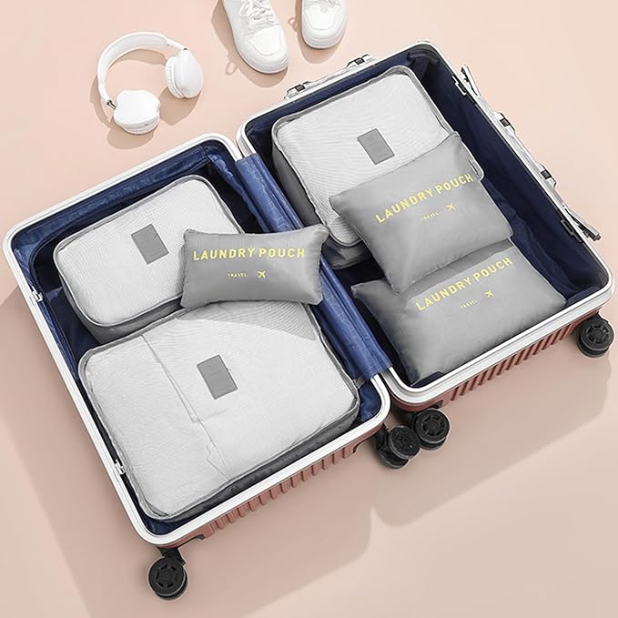 6 Set Packing Cubes for Travel Luggage Packing Bags Reusable Waterproof Suitcase Organizer Bags Set with Shoe Bag and Toiletry Bag (Grey)