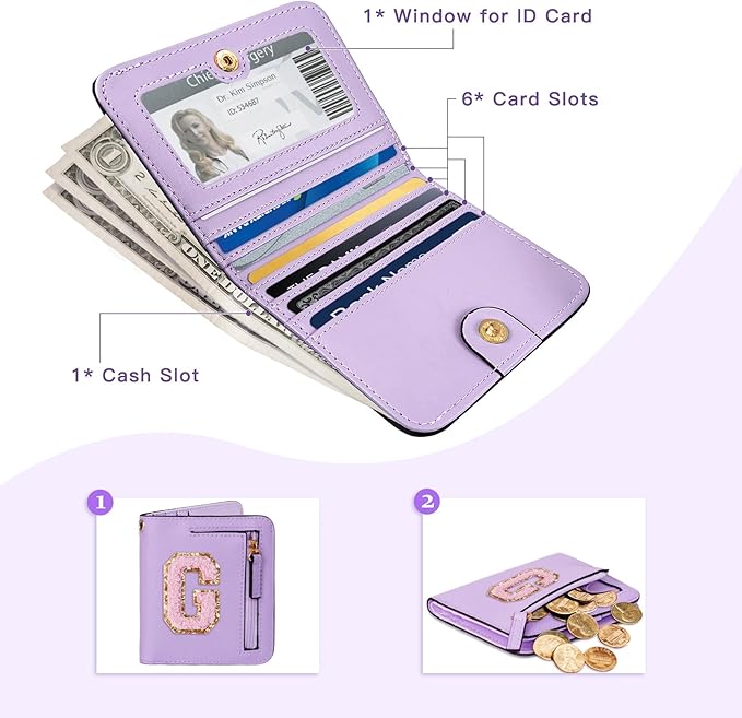 COSHAYSOO Small RFID Wallet Bifold Christmas Gifts Trendy Birthday Gifts for Teacher Nurse Company Employee Female Coworker Colleague Appreciation Chenille Letter G Purple