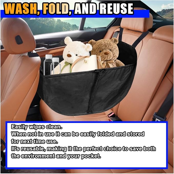 Car Seat Organizer - Large Capacity Passenger Seat Organizer, Collapsible Car Hammock Storage Bag Auto Backseat Organizer, Reusable Tote with Drawstrings, Road Trip Essentials for Adults Kids (Black)