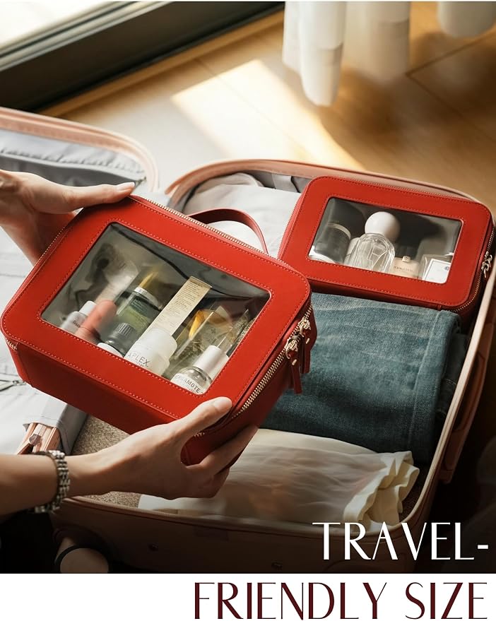 Popvibe Clear Makeup Bag Travel Cosmetic Case Toiletry Bag with Zipper, Red, Medium