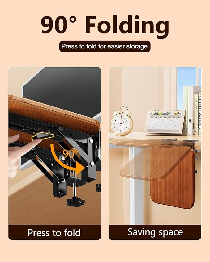 Ergonomic Desk Extender Tray, 8.2"x7.6" Table Mount Arm Wrist Rest Shelf, 90° Foldable Elbow Support, Clamp on Computer Arm Rest for Desk, Office & Home Use, Wood