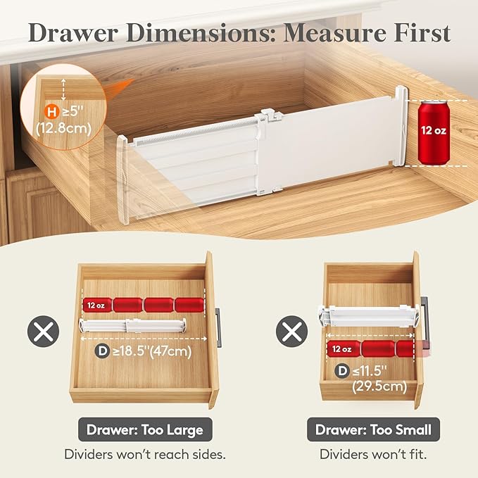 Lifewit 5" Tall 4 Pack Drawer Dividers, 30-47cm/11.5-18.5" Expandable Drawer Divider for Clothes, Adjustable Dresser Drawer Organizers, Drawers Separators for Dresser/Bathroom/Closet/Kitchen White