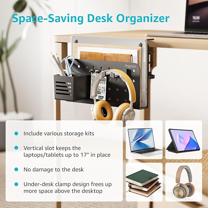 Desk Side Storage Organizer, No Drill Under Desk Laptop Holder, Clamp on Desks Shelf with Pegboard Accessories, Hanging Laptop Mount, Fits Flat Edge 0.4" to 2.2", Black