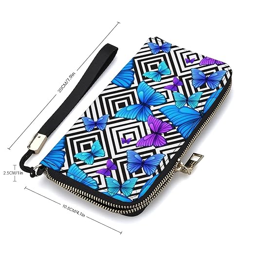 Unisex Zip Around Wallet for Adults Teens Blue Butterfly On Black Geometric Pattern Coin Pouch Cash Pocket PU Leather Wallets Card Holder Organizer Designer Purse with Wristlet Strap