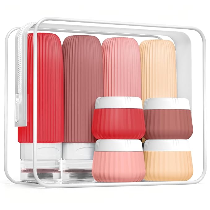 Mrsdry Travel Bottles for Toiletries 8 Pack, Tsa Approved Travel Size Toiletries 3 oz, Travel Containers for Toiletries, with Clear Bag, Leak Proof Silicone Squeezable Travel Essentials Creams Jars