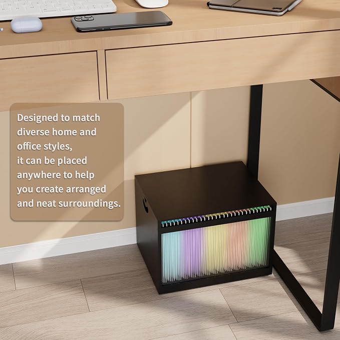 Black Bamboo & Acrylic File Box with Removable Lid, Letter/Legal Size, Hanging Folders, Dustproof, Home Office Storage