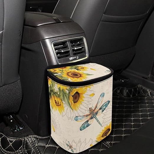 Car Trash Bin Collapsible Cars Organizers and Storage for Front Seat Multipurpose Trash Bag Automotive Garbage Can Cars Accessories Interior Car Organizer, Dragonfly Sunflower
