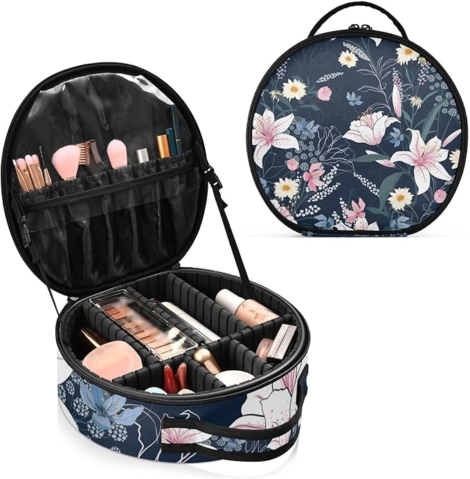 senya Round Cosmetic Pouch Travel Makeup Train Case Vintage Flower Ornament Makeup Organizer Bag with Adjustable Dividers Portable for Cosmetics Makeup Brushes Toiletry Jewelry Accessories
