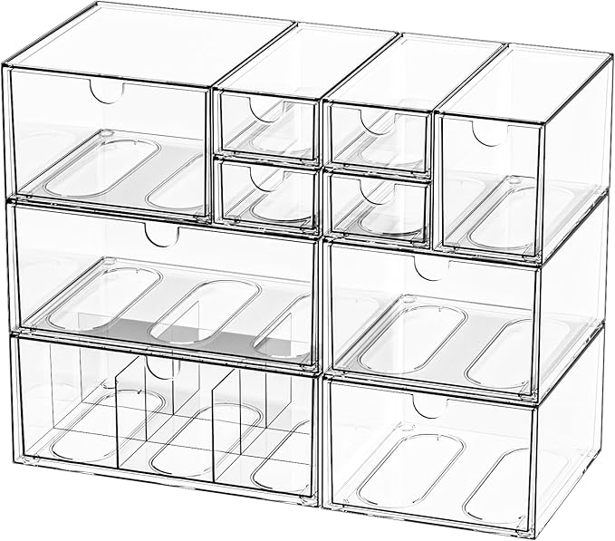Desk Organizer Set, Clear Stackable Dustproof Storage Boxes for Desktop, Office, DIY Craft & Vertical Space Saving, Perfect for Makeup, Stationery, Jewelry Organization (10 Drawer)