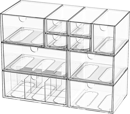 Desk Organizer Set, Clear Stackable Dustproof Storage Boxes for Desktop, Office, DIY Craft & Vertical Space Saving, Perfect for Makeup, Stationery, Jewelry Organization (10 Drawer)