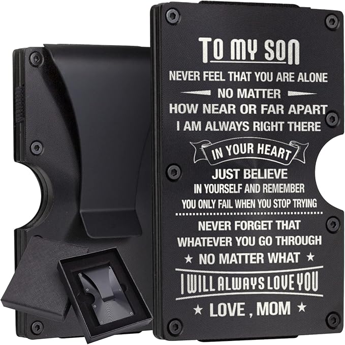 awofer Personalized Wallet Gifts for Son from Mom Custom Aluminum Wallet with money clip Engraved Credit Card Holder Sons Gradation Christmas Birthday Gifts