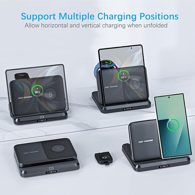 for Samsung Galaxy Z Fold 7 6 5 4 Wireless Charger Station, 3 in 1 Foldable Wireless Charging Stand Fast Charging Dock for Galaxy Z Flip 7 6 5 4 / Galaxy S25/S25 Ultra/Galaxy Watch/Galaxy Buds
