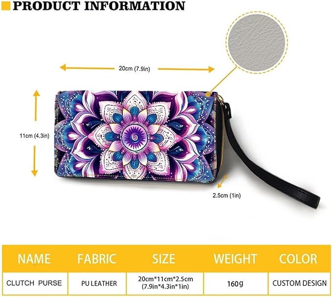 Bulopur Boho Mandala Womens Wallet Wristlet PU Leather Purple Floral Clutch Purses for Ladies Waterproof Phone Holder Zip Around