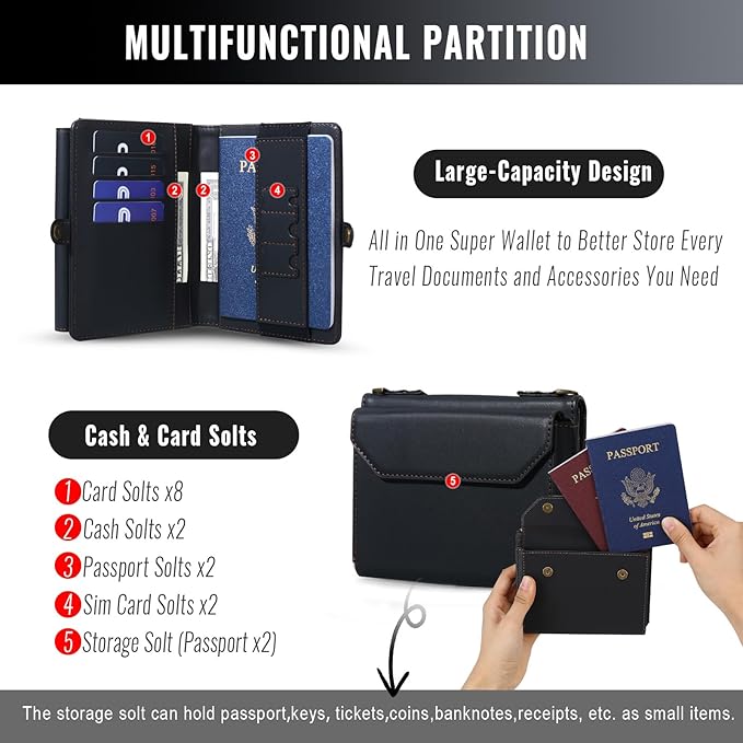 ASAPDOS RFID Blocking Family Passport Holder Wallet,Hold 2-3 Passports for Travel with Credit Card Slots & Wrist Crossbody Strap Black