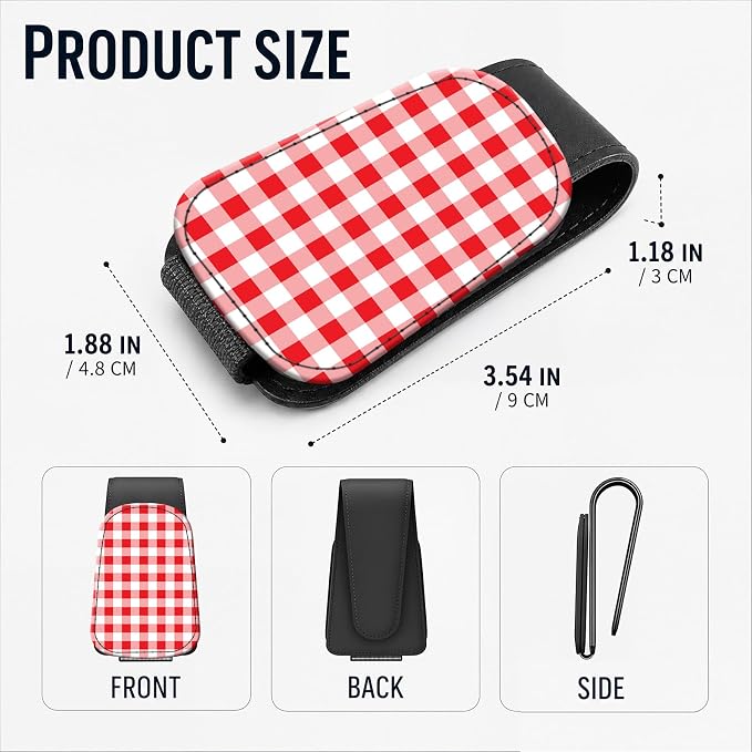 Leather Magnetic Sunglass Holder for Car Sun Visor, Cute Eyeglass Ticket Card Hanger Clip, Universal Auto Interior Accessories for SUV Pickup Truck, Red Checkered