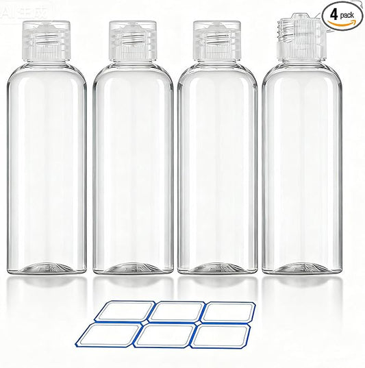 DTDNZKN 4 Pack 3.4 Oz (100ml) TSA Approved Travel Bottles for Toiletries, Leak Proof Plastic Travel Essentials Accessories with Labels | 4 Pack, TSA Approved, for Toiletries, Leak Proof, with Labels