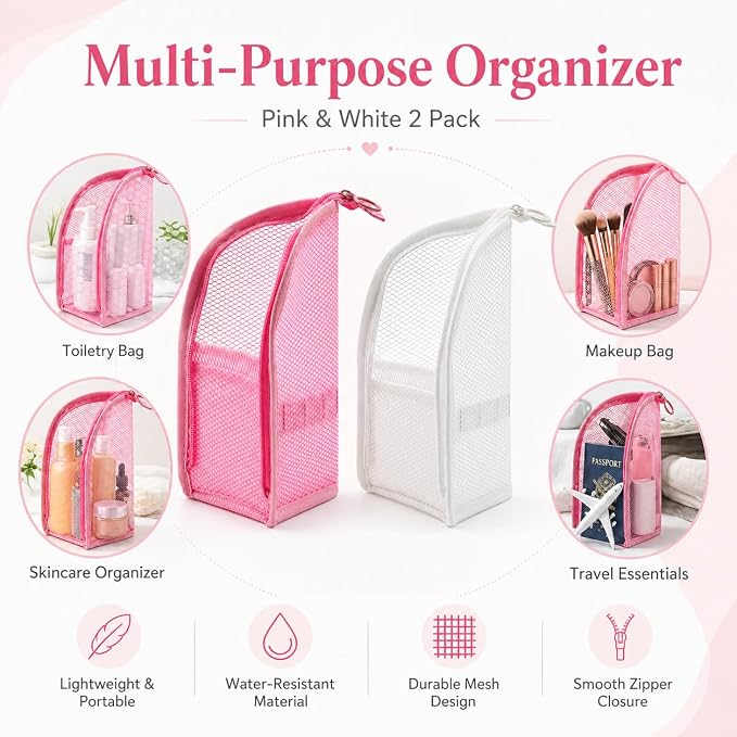 2 Pcs Standing Toiletry Bag, Portable Lightweight Travel Toiletry Bag, EVA Mesh Organizer Bag Cosmetic Zipper Pouch for Travel, Waterproof Dust-Free Stand-Up Small Toiletry Stationery Bag