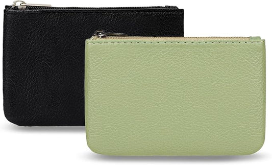 KALIONE 2 Pack Coin Purse, Portable PU Leather Coin Purse with Zipper Coin Purse Mini Change Purse Small Coin Purse for Women Credit Card Folded Bills ID Key Headset Lipstick(Black&Green)