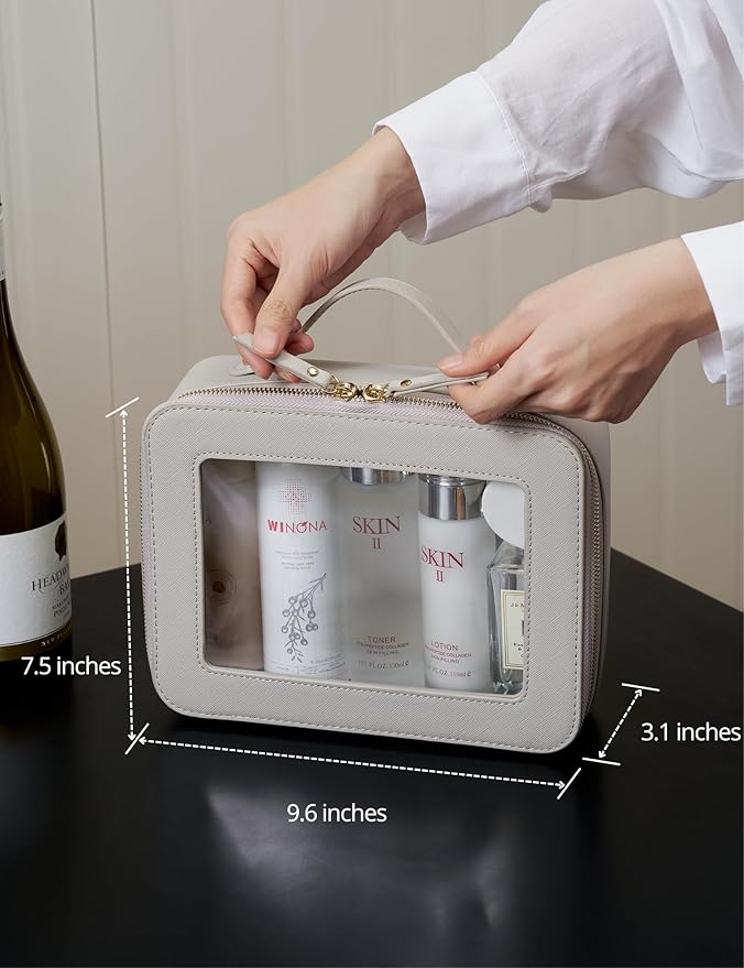 Popvibe Clear Makeup Bag Toiletry Case Travel Transparent Cosmetic Bag with Zipper, Portable Make Up Organizer Traveling Compact Car Bag for Essentials, Beige Grey