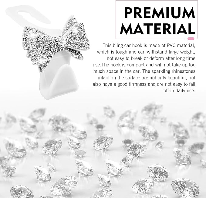 2 PCS Bling Bow Car Headrest Hook, Diamond Sparkling Invisible Seat Headrest Hooks, Vehicle Storage Organizer with Butterfly Bow Vent Clip for Purses, Bags, Groceries (White)