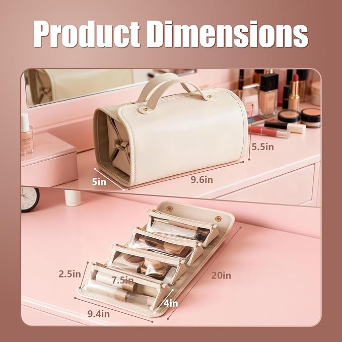 Large Expandable Makeup Bag for Women, 4-in-1 Waterproof Makeup bag, Cosmetic Bag with Detachable Interior Pockets, Ideal for Women Travel Essentials(White)