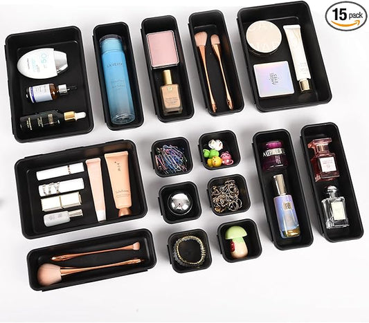 15 Piece Drawer Organizer Set, 3 Size Interlocking Plastic Storage Bins for Office Supplies, Jewelry Makeup Vanity, Bathroom Kitchen, Home Organization Closet, Gadgets Small Items, Black