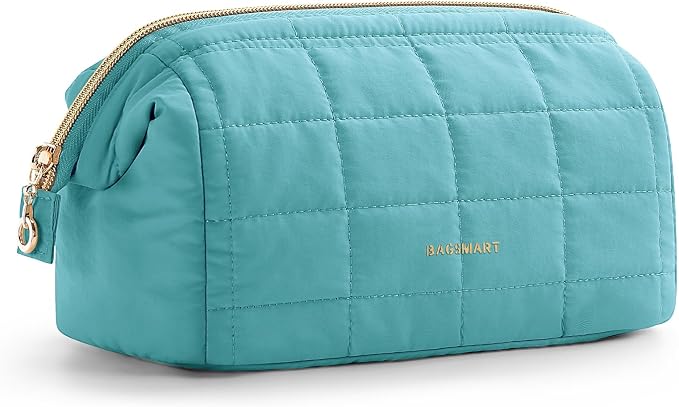 BAGSMART Makeup Bag Travel Toiletry Bag, Puffy Padded Make Up Bags for Women Makeup Organizer Case, Wide-open Pouch Purse Travel Essentials Toiletries Accessories Brushes, Lake Green