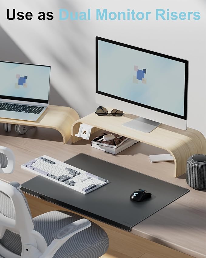 Bent Wood Monitor Stand Riser, Solid Wood Dual Monitor Riser with Storage, 2-Tier Natural Wood Desk Shelf Organizer for Computer, Laptop & Printer, No Assembly, Max Load 110lbs