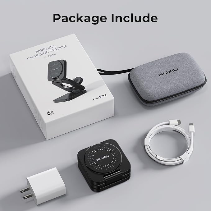 KU XIU X55 Turbo Qi 2.2 25W 3-in-1 Charging Station for Apple Device, Foldable Magnetic Charger for iPhone 17/16, 5W for Apple Watch & AirPods, Fast Travel Wireless Charging Stand with 45W Adapter