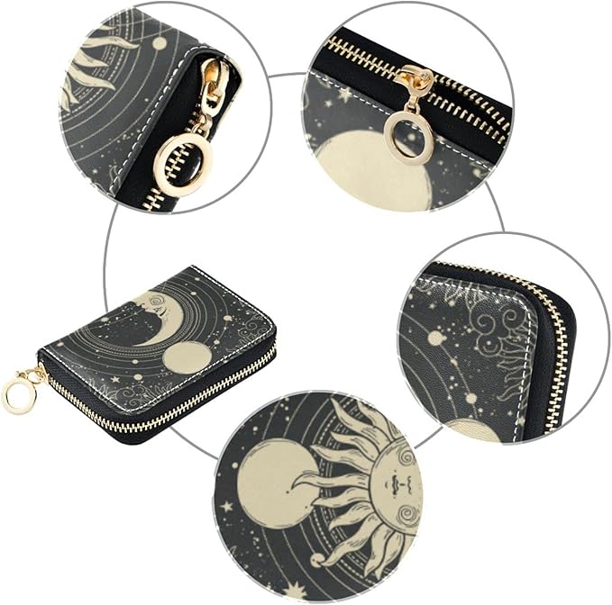 Boho Tarot Moon RFID Credit Card Holder Wallets Accordion for Women Leather Zipper Card Case Accordion Wallet for Ladies Girls