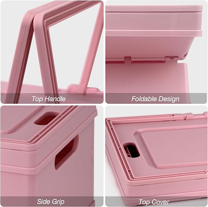 Collapsible Storage Crate, Foldable Plastic Basket with Lid and Handle, Foldable Storage Box Crate Bin for Home Kitchen Office Bathroom Bedroom Pantry (Purple, 2-Pack)